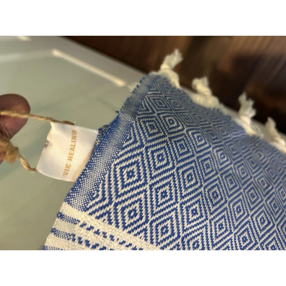 Turkish-style peshtemal towel or throw blanket w/a blue and white diamond print